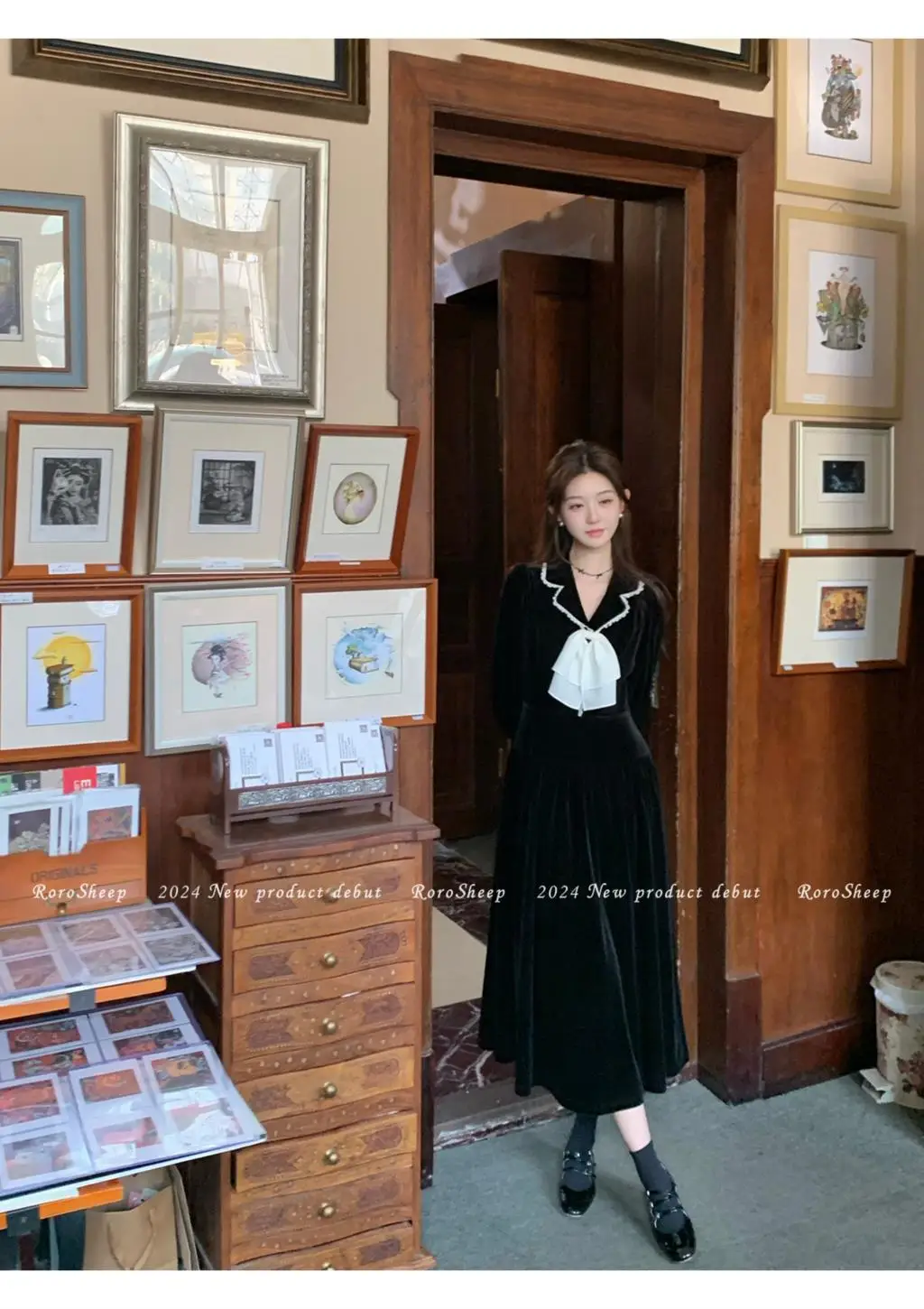 Elegant Vintage Lapel Midi Dresses for Women Bow Long Sleeve Birthday Party Dress A-line Autumn New Korean Fashion Vestido Mujer