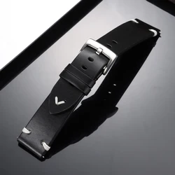 Vintage Oil Wax Leather Watch Band - Quick Release Strap, Brown & Black Cowhide Universal Bracelet - 22mm (Black)