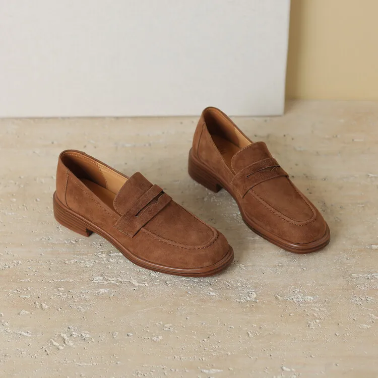 2026 Spring Sheep Suede Women Shoes Round Toe Chunky Heel Women Pumps Shoes for Women Deep Mouth Loafers Low Heels Ladies Shoes