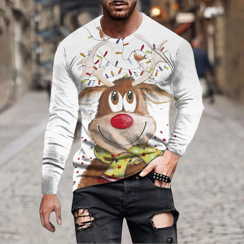 Mens Christmas Long Sleeve Reindeer 3D Print T Shirt