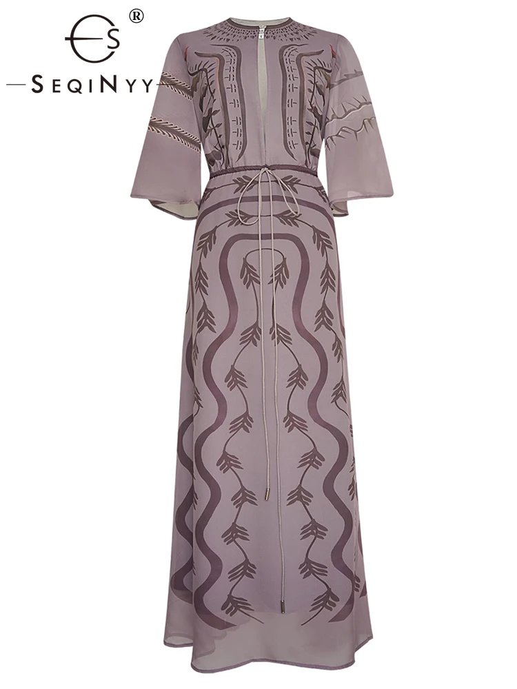 

SEQINYY Elegant Midi Dress Summer Spring New Fashion Design Women Runway High Street Vintage Flower Print Short Sleeve Slim