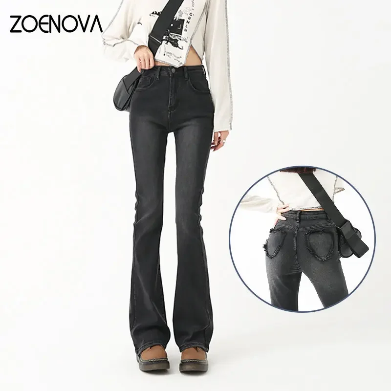 

ZOENOVA Spring 2023 New Women's Clothing Love Back Pocket Raw Edge Y2K Korean High Waist Denim Baggy Wide Leg Micro Flare Jeans
