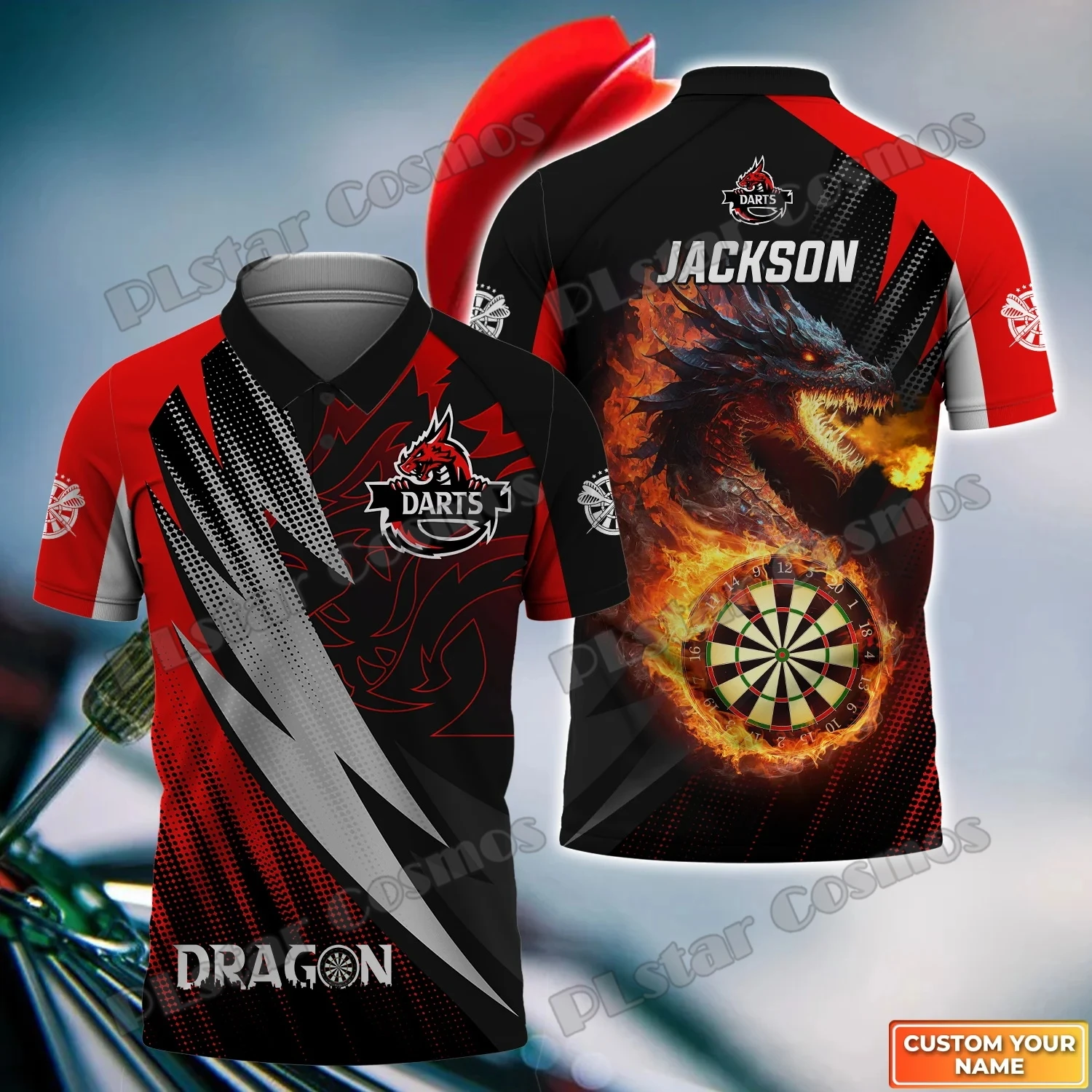 Flame Dartboart Personalisierter Name Drache und Darts 3D-gedrucktes Herren-Poloshirt Sommer Straße Unisex Casual Poloshirt WK86 – Detail 10
