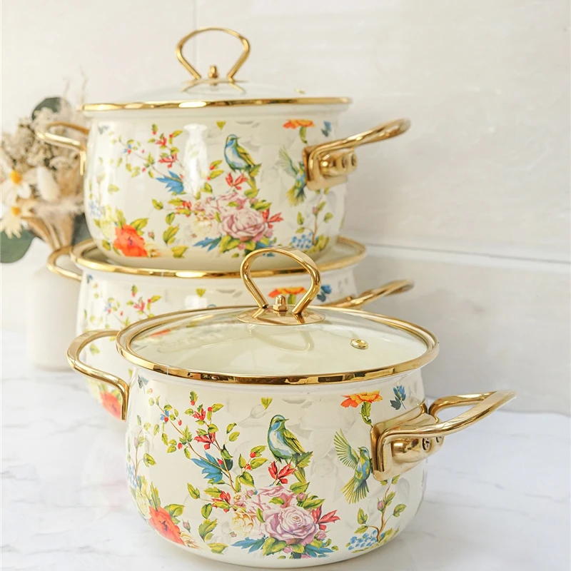 Enamel Soup Pot Retro Flower Bird Binaural Large Capacity Stew Pot with Lid Home Enamel Utensils for Kitchen Delicate Cookware Enamel Soup Pot Retro Flower Bird Binaural Large Capacity Stew Pot with Lid Home Enamel Utensils for Kitchen Delicate Cookware