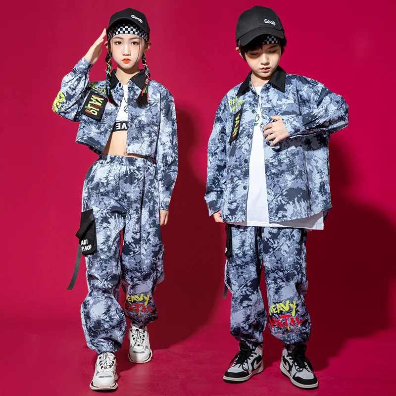 

Boys Girls Camouflage Shirt Pant Suits Sets Kids Streetwear Fashion Hip Hop Jazz Stage Dance Clothing Children Tracksuits