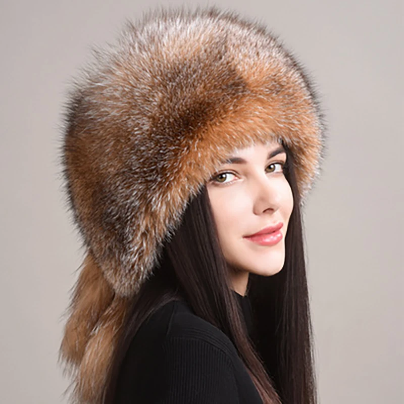 2025 Hot Sale Winter Women Fox Fur Hat Fluffy Soviet Female Outdoor Warm Cap Snow Fur Hats 5 tails Real Fox Cold Bomber Hats