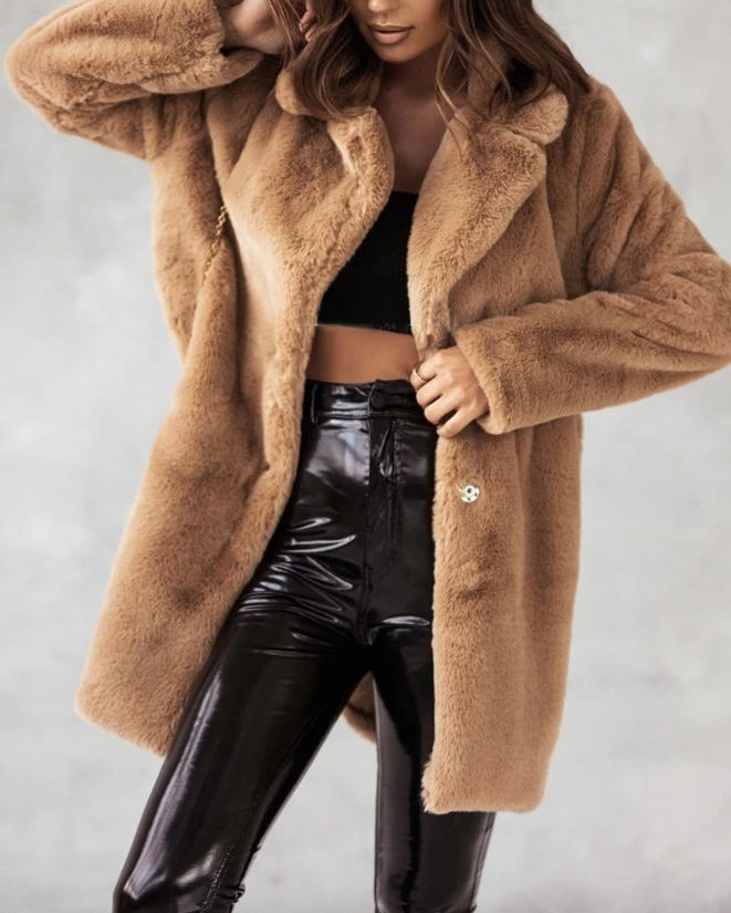 Women Coat 2023 Autumnfashion Long Sleeve Casual Plain Turn-Down Collar Daily Fluffy Teddy Coat Winter Jacket Women