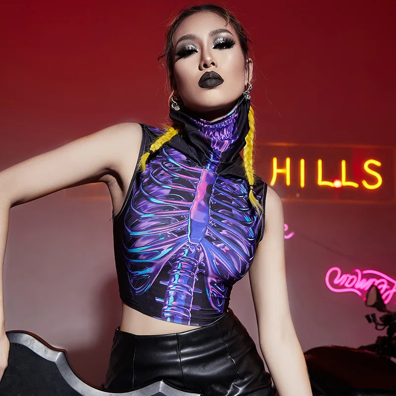 

Майка женская укороченная с капюшоном, пикантный короткий наряд для девушек, худи без рукавов, уличная одежда, костюм со скелетом ужасов, на лето