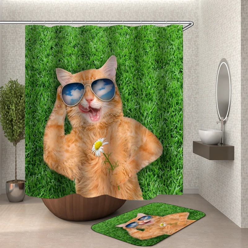 Tenda Doccia Tenda da doccia con gatti divertenti, tende da bagno in tessuto con decorazioni a forma di onda dell'oceano giapponese con dinosauro gatto, tenda da bagno in legno rustica for bambini