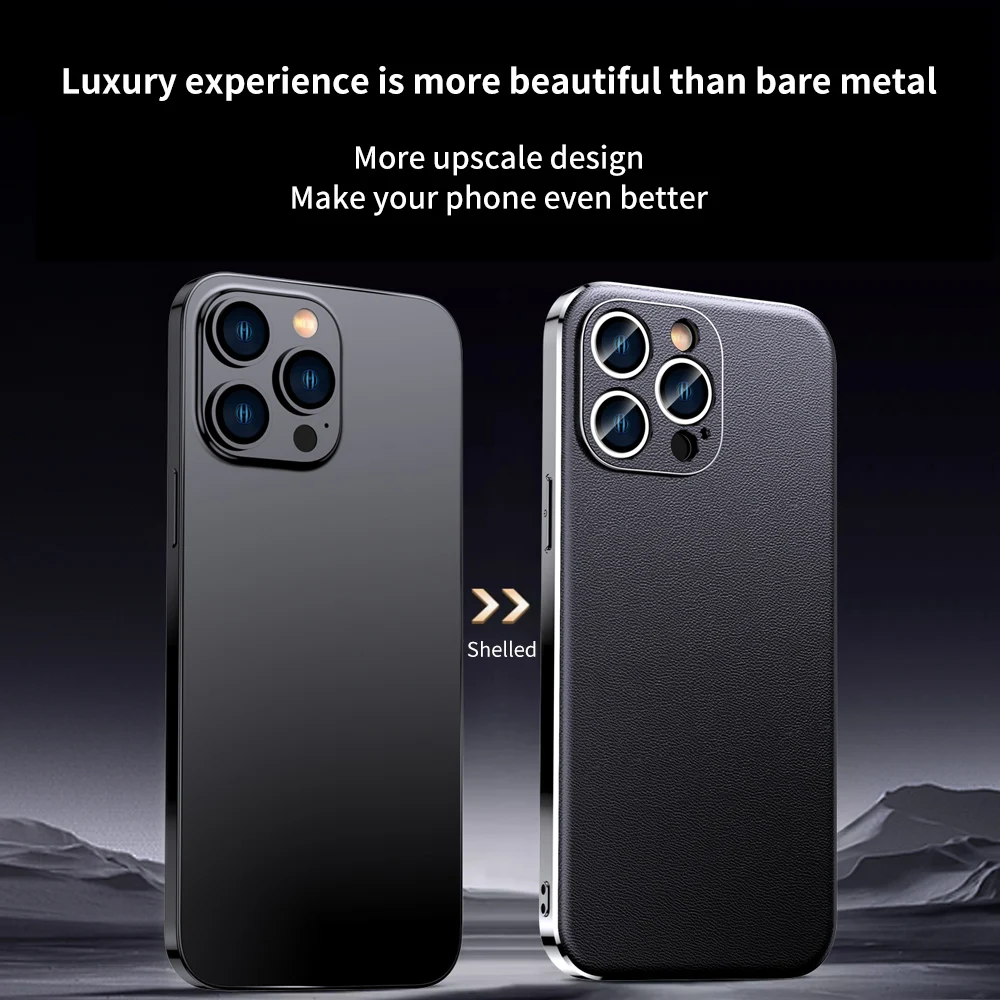 Luxury Genuine Cowhide Leather Phone Case with Full Lens Protection and Elegant Plating Design