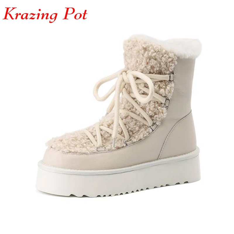 

Krazing Pot cow leather wool fur Keep Warm Round Toe Med Heels Snow Boots Winter flat Platform Casual Lace Up Luxury Ankle Boots