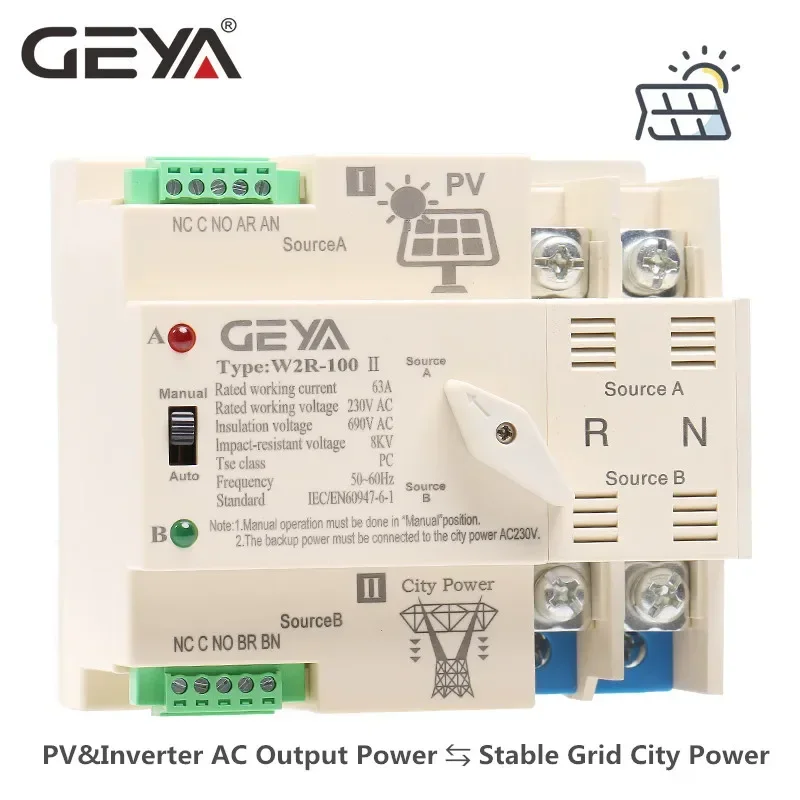 

GEYA W2R on-Grid Photovolatic Power Automatic Transfer Switch Din Rail 2P 63A 100A AC220V 110V ATS PV System Power Use Only