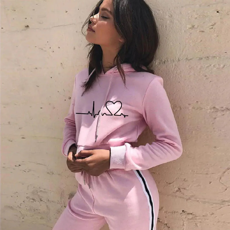 

Women 2 Piece Outfits Gym Workout Sets Woman Sexy Hooded Crop Top + High Pants Waisted Track Suits Spring Autumn Sport Clothes