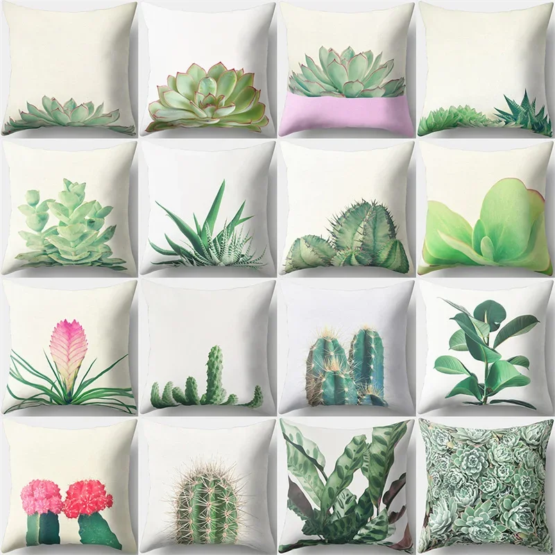 

Home Decor Green Cactus Leaves Plant Pillowcase Natural Pink Floral Potted Cushions Sofa Bedroom Decor funda de almohada