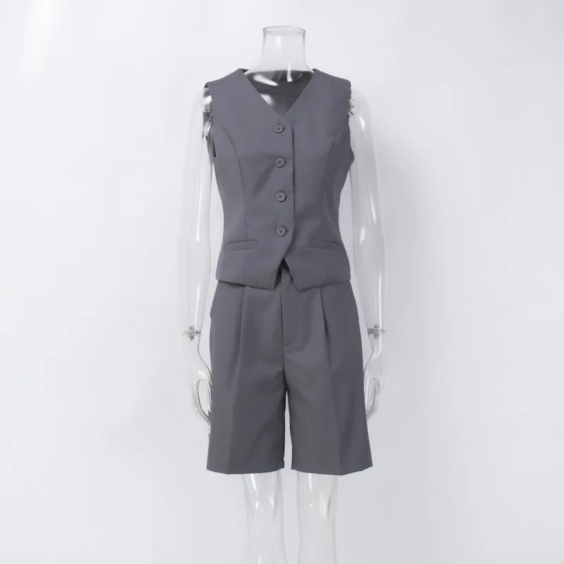 V-Neck Sleeveless Female 2 Piece-Set Casual Slim Straight Trousers Pocket Solid High Street Outfits Fashion Shorts Sets