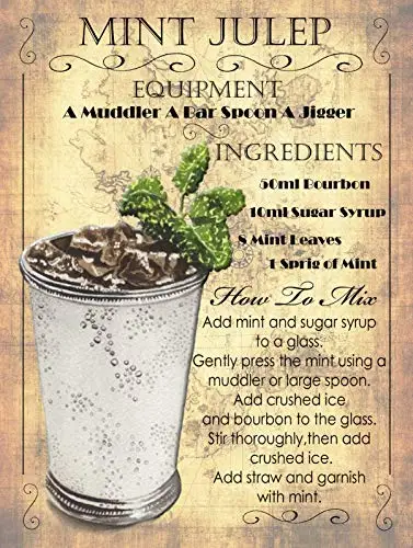 

NINGFEI Mint Julep Cocktail Recipe Metal Tin Sign 12x16 Inch Garage Bar Restaurant Club Decor