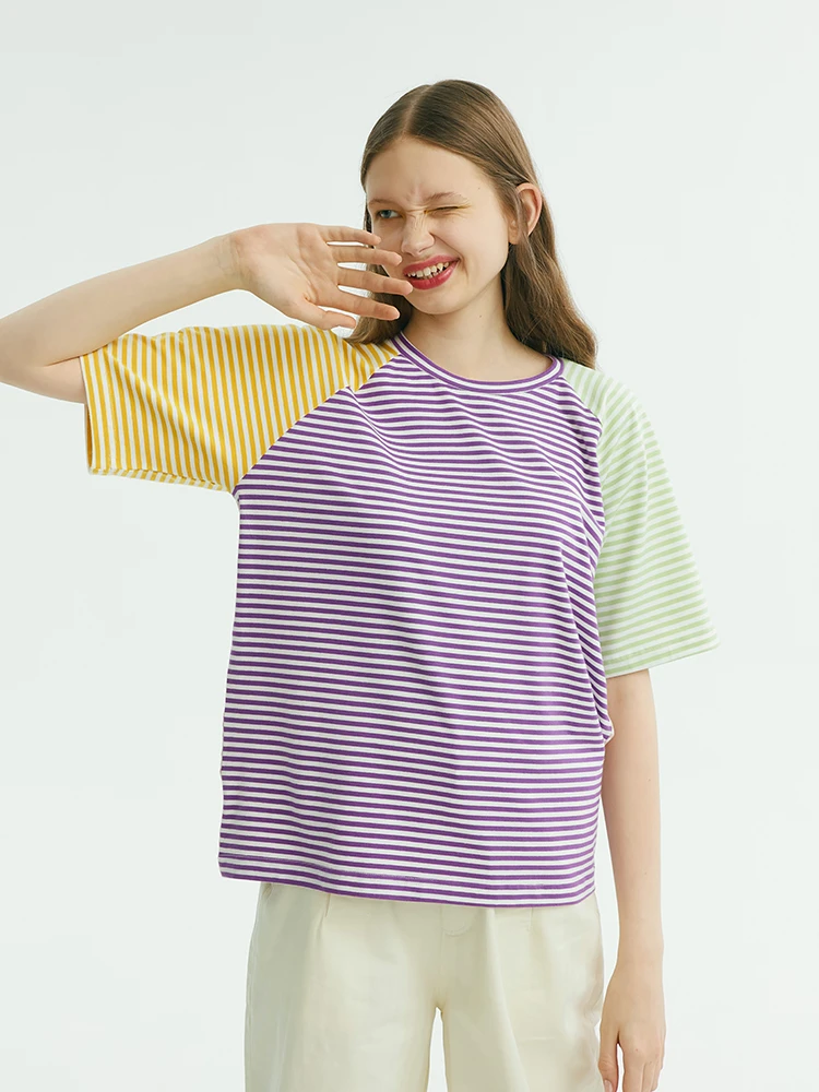 

Women T-shirt Harajuku Original Chic Indie Designer Summer Loose Color Block Stripe Teen Girl Loose Tee Tops O Neck Tshirt