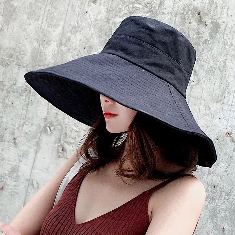 

South Korea Big Brim Hat Women Spring and Summer Foldable Travel Sun Hat Solid Color Casual Fisherman Bucket Hat Bonnet 버킷햇
