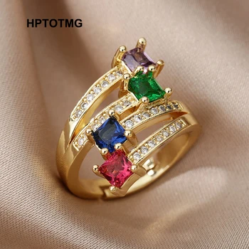Colorful Zircon Square Rings For Women Stainless Steel Multi-Layer Ring 2024 Trending Wedding Aesthetic Jewelry Gift anillos