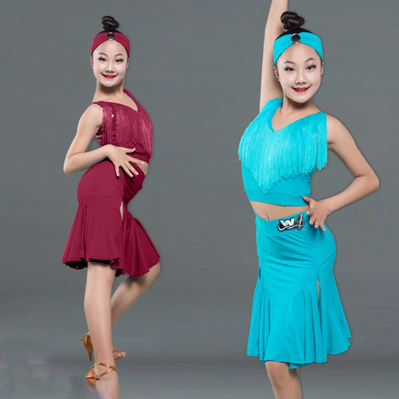 

Children Latin Dance Costumes Girls Latin Fringes Top Skirt Latin Dance Competition Clothes National Standard Dance Suit SL6869