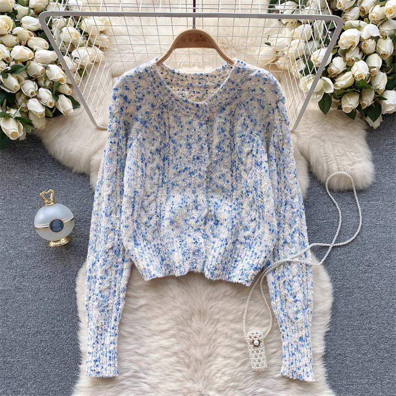 

Korean Women Contrast Color Slim Short Knit Cardigan Jacket Autumn Round Neck Single-breasted Long Sleeve Ladies Knitwear Coat