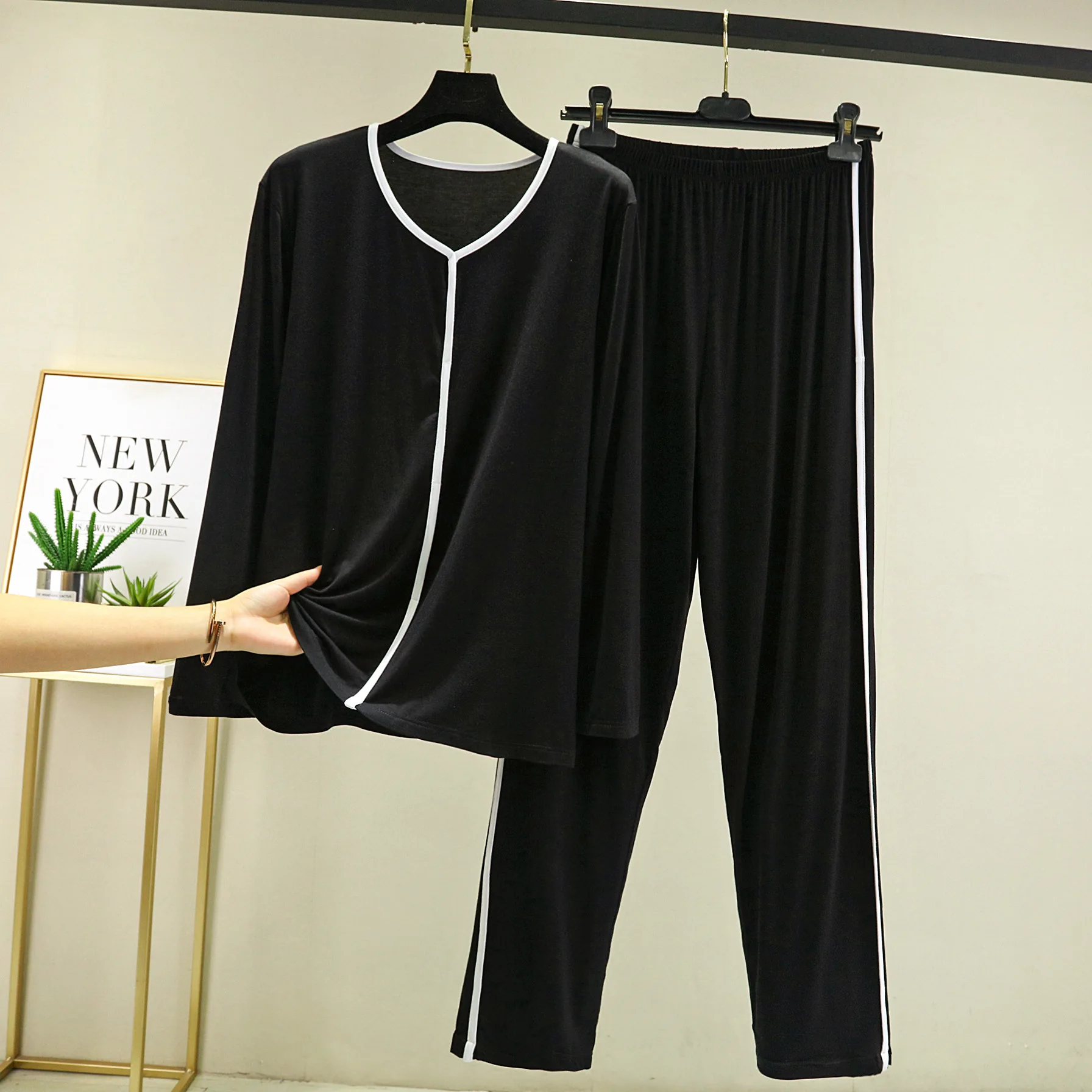 Fdfklak Ensemble Femme 2 Pièces Neuer 2023 Frühlings-Herbst-Nachtanzug für Damen, Loungewear, Modal-Pyjama, Langarm-Hose, Schlafset – Detail 13