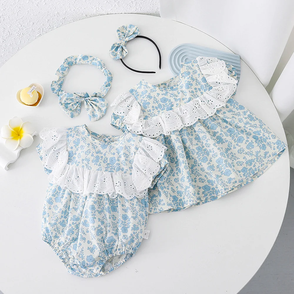 2024 Summer Baby Girl Sister Look Muslin Lace Collar Loose Short Sleeve Infant Girl Romper Floral Full Print Toddler Girl Dress