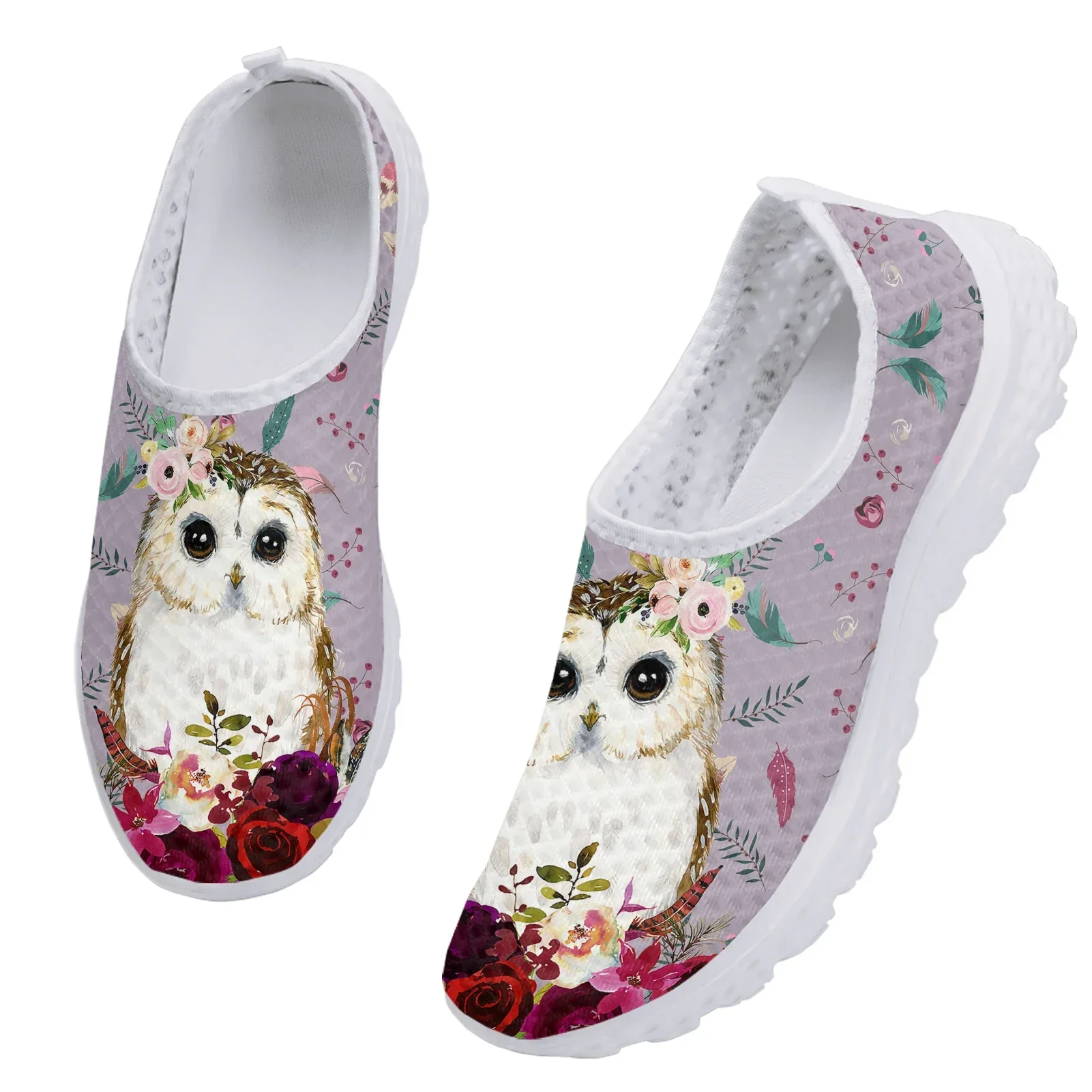 Lavender Cartoon Owl Flower Print Lightweight Flat Loafers Ladies Animal Print Summer Breathable Mesh Shoes Zapatos