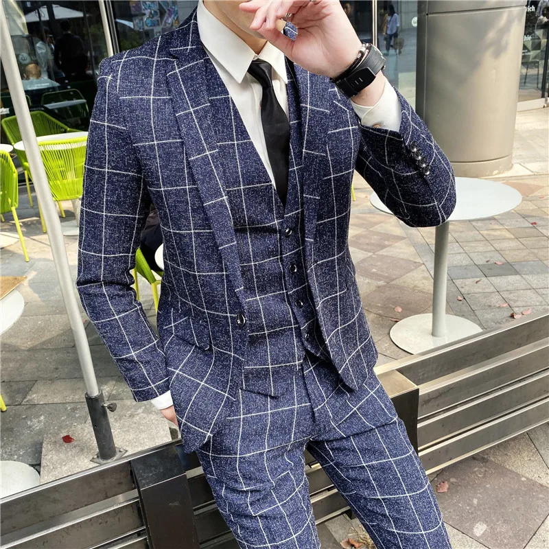 Striped Plaid 3-Piece Suit Set Fashion Business Handsome Wedding Groom Dress British Style with Vest & Trousers