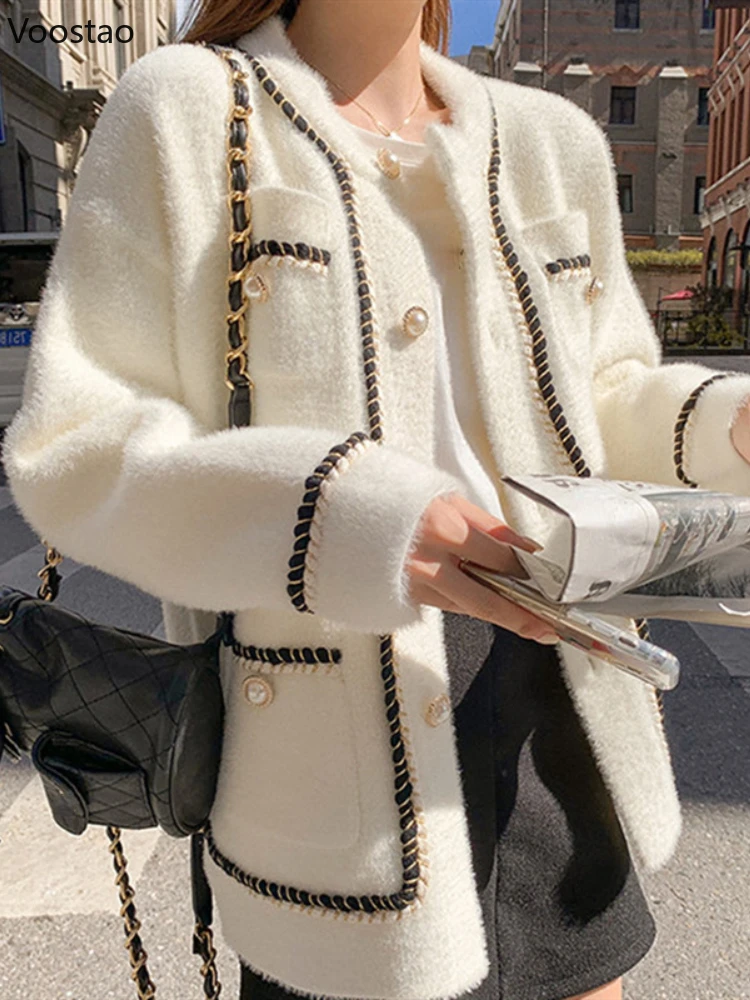 White Mink Cashmere Sweater Coat Women Autumn Winter Lazy Style Korean Retro Black Loose O-Neck Knitted Cardigan Fashion Outwear 1