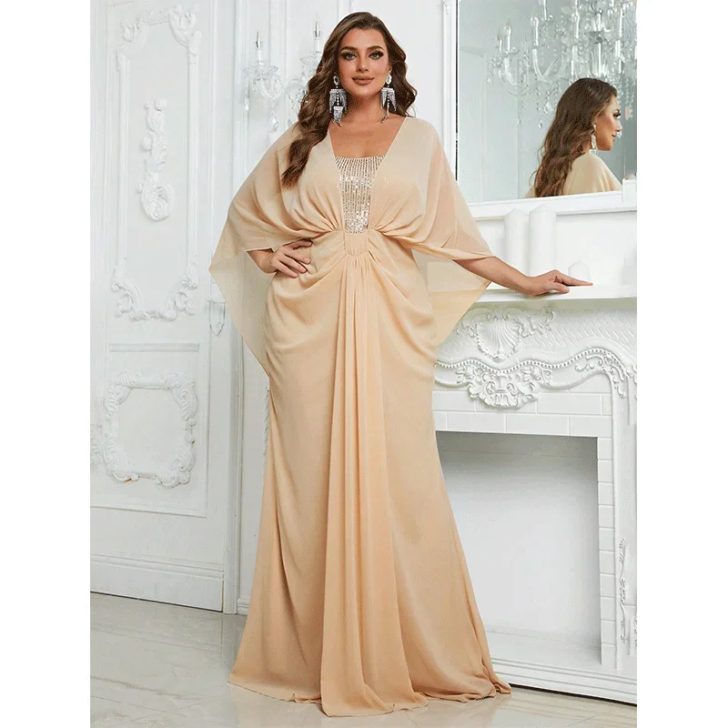 

Plus Size V-Neck Apricot Chiffon Loose 4xl 5xl Evening Dress Chiffon Floor-Length Bridesmaid Dress Wedding Dress For Women