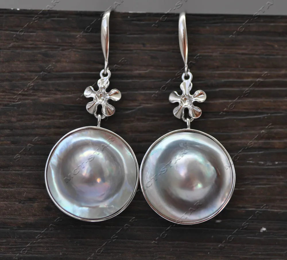 

Z13194 HUGE Real 20mm Gray Round South Sea Mabe Pearl 925Silver Dangle Earring Custom jewelry