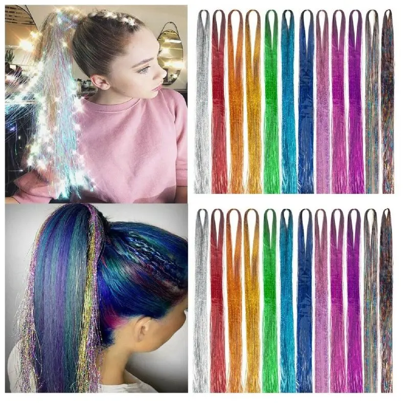 

Long 90cm 200 Strands Sparkle Hair Tinsel Hair Rainbow Shiny Silk Hair Extensions Dazzles Women Hippie For Braiding Headdress