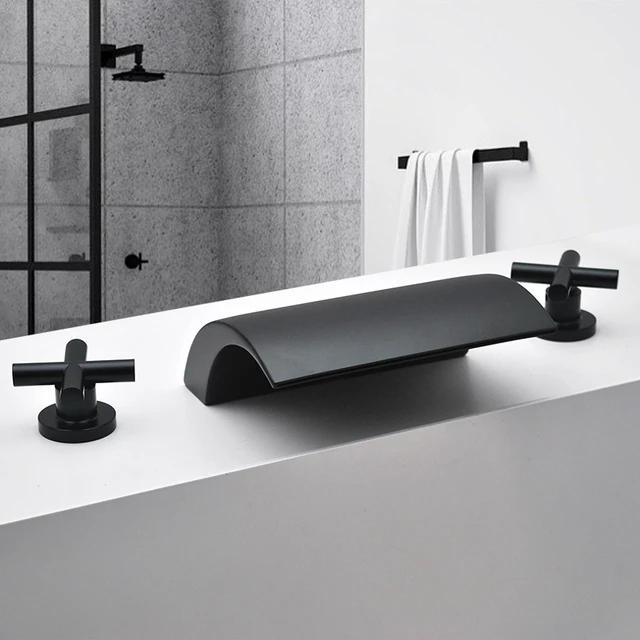 3PCS ห้องน้ำอ่างอาบน้ำก๊อกน้ำอ่างล้างหน้าก๊อกน้ำติดตั้งอ่างสปา Tap ร้อนเย็นผสมน้ำตก Matte สีดำหรือ gold สี 4