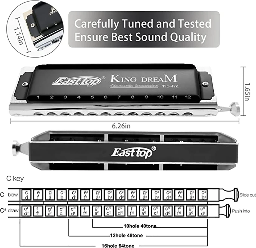 East top King Dream Chromatic Harmonica Key of C,12 Holes 48 Tones Professional Mouth Organ Harmonica for Adults, Professionals