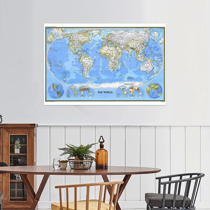 1pc 1988 World Map 225*150cm Non Woven Map of World Poster Detailed Poster Wall Decor Wallpapers Office Supplies