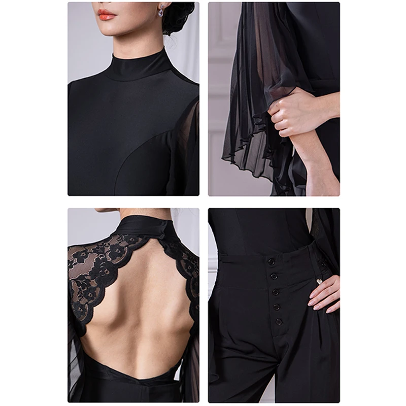 Standard Ballroom Dance Costume Backless Floating Sleeves Bodysuit Waltz Modern Dance Pants Tango Ballroom Dancewear 1091