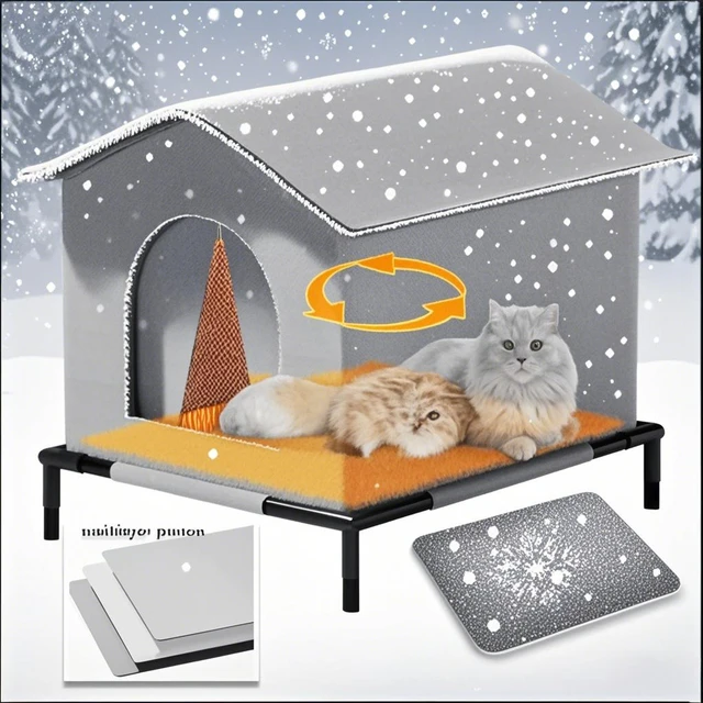 All Season Weatherproof Cat House Outdoor Indoor Warm Shelter for Stray Cats Dogs Waterproof Winter Pet Bed with Removable Mat