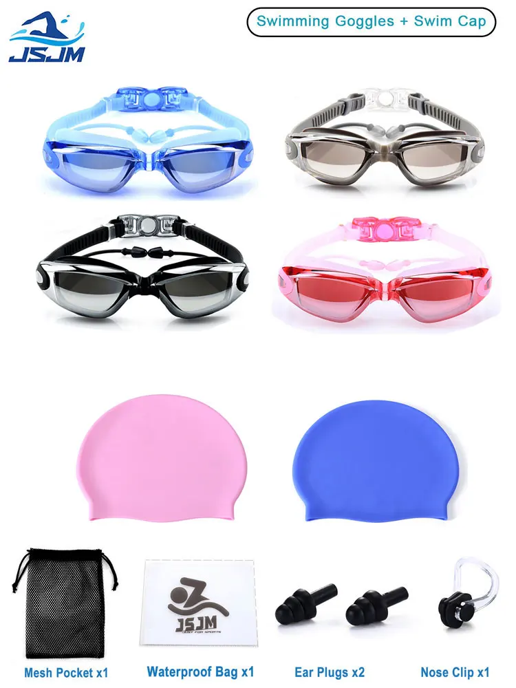 JSJM Unisex Professional Swimming Goggles with Anti-Fog, UV Protection & Waterproof Design + Swim Cap for Adults-for Men Women