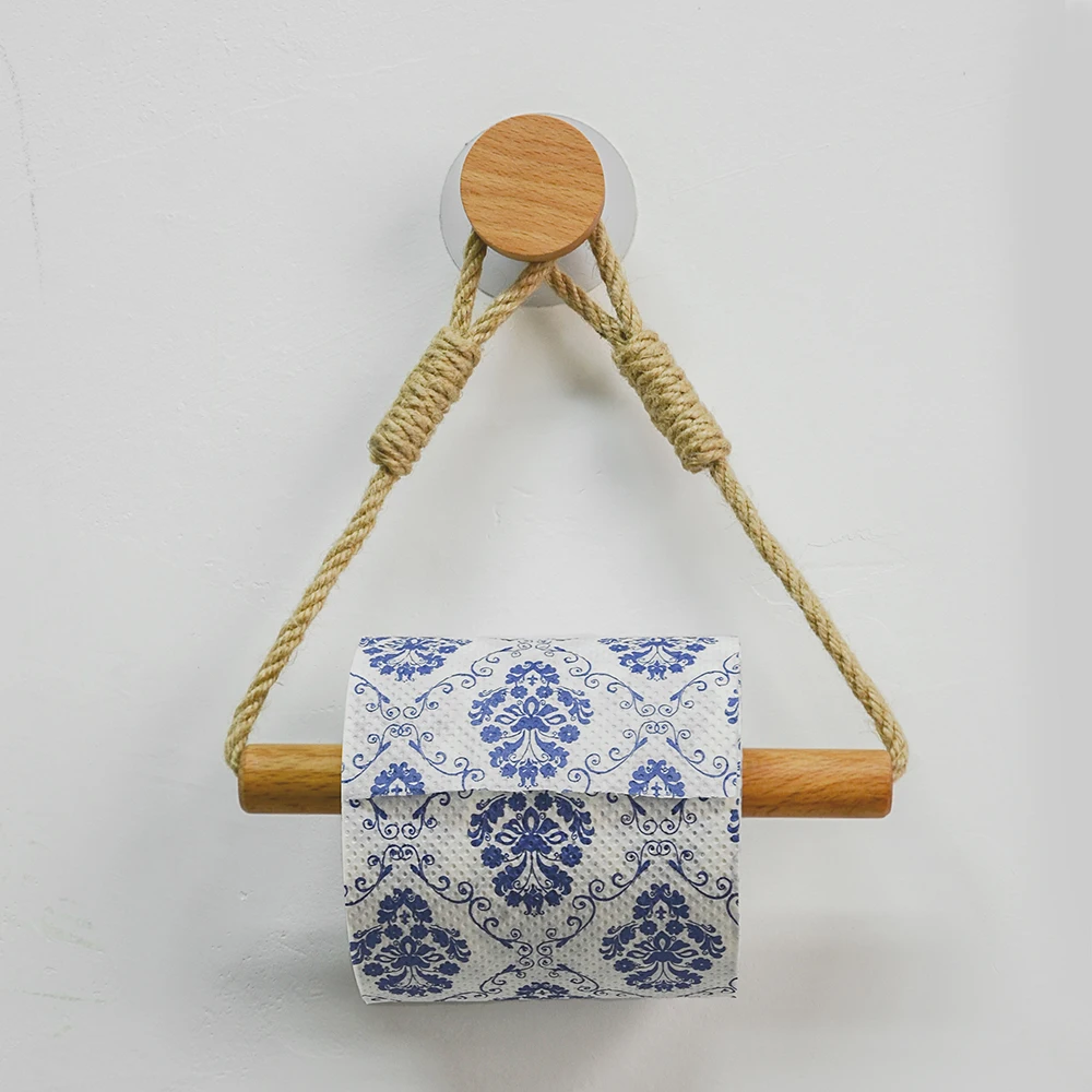 Natural Wood Paper Rack Hanging Wall Hook Retro Hanging Rope Toilet Paper Rack Home Hotel Bathroom Decoration Holder