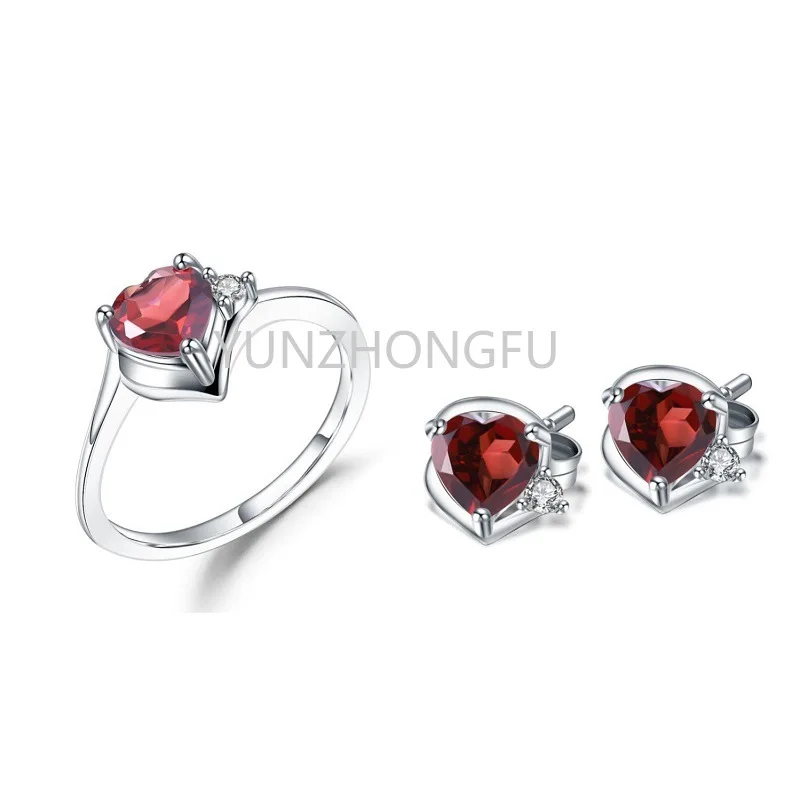 

Garnet Jewelry Set, S925 Silver Inlaid Natural Colored Gems Rings Ear Studs Two-Piece Set