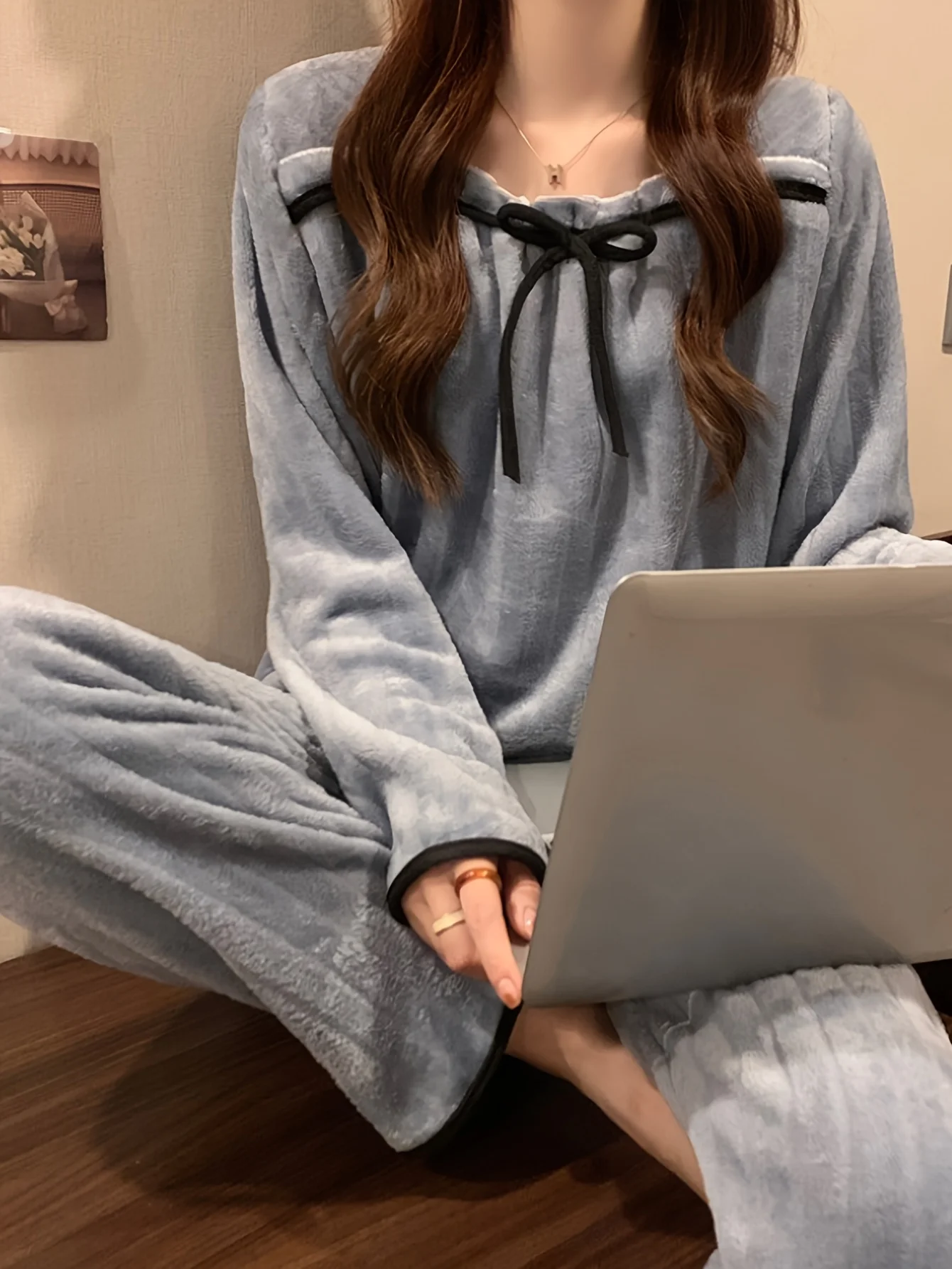 Women's Autumn Winter Pajamas, Thickened Coral Cute Princess Style Flannel Loungewear Set 4