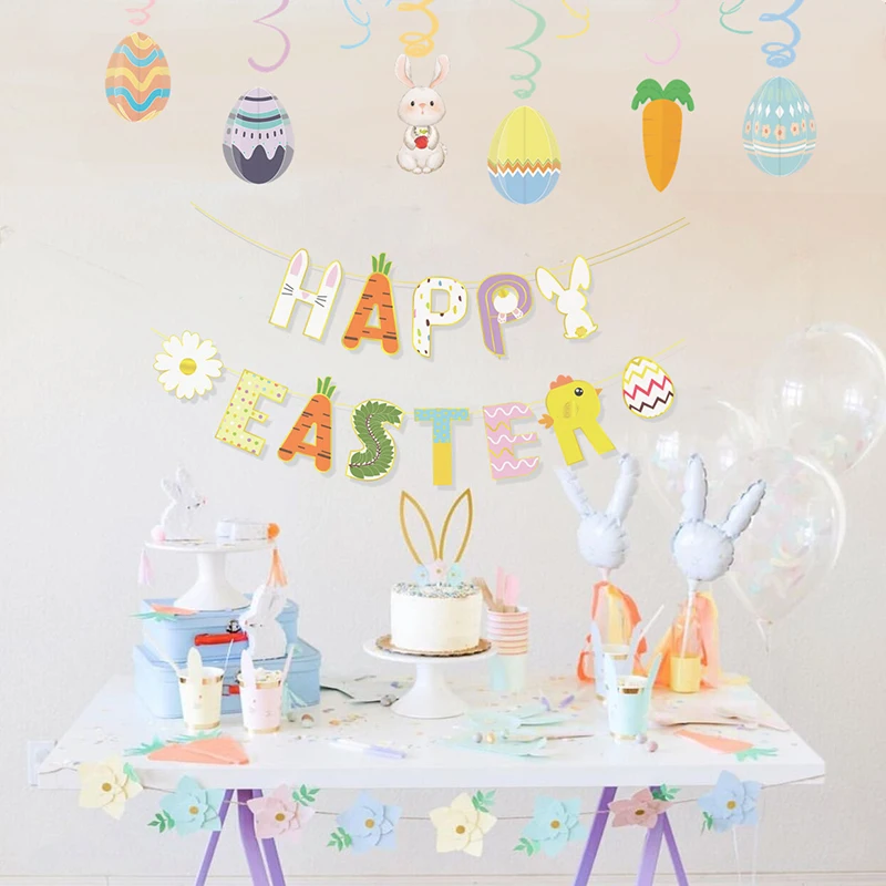 

2022 Easter Decorative Creative Background Wall Pull Flag 29 Piece Festive Party Kits Hot Stamping Printed Bunny Room Wall Decor