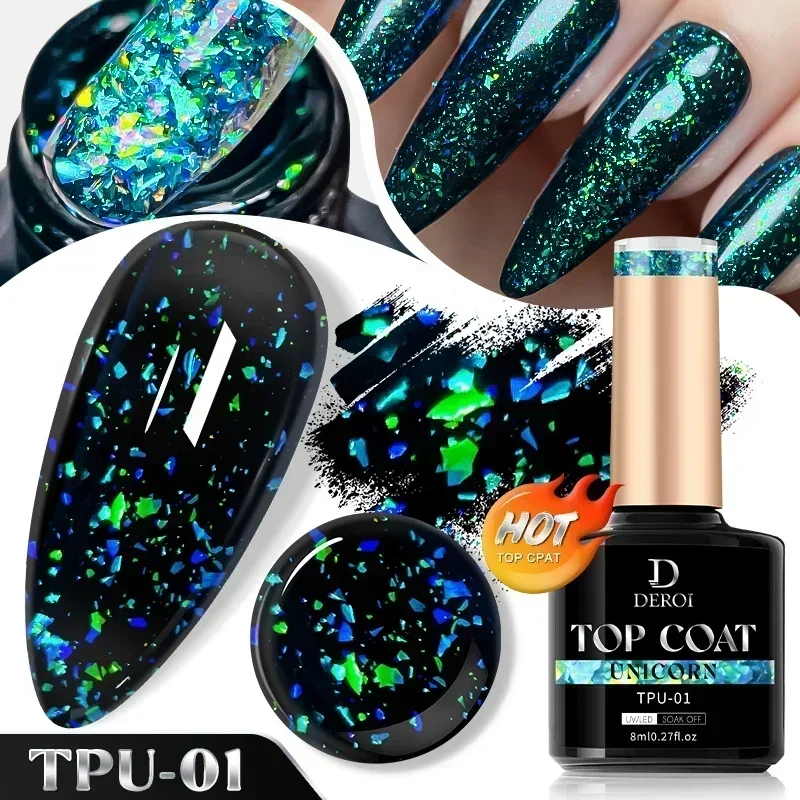DEROI Top Coat Flash No Wipe Top Coat Glitter Sliver Topcoat Diamond Auroral Varnish Soak Off Flake UV/LED Gel Polish Nail Art 3
