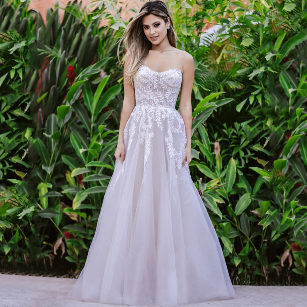 

Simple Sweetheart A-Line Tulle Wedding Dress Classic Applique Sleeveless Open Back Floor Length Princess Bridal Gowns Custom