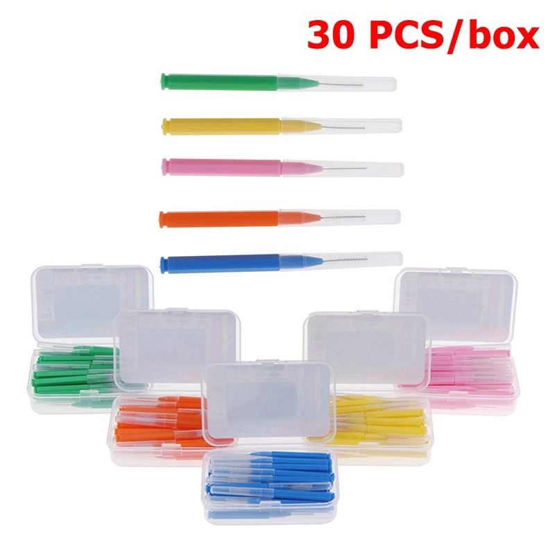 ● 30개입 I형 푸시풀 치간칫솔 0.6-1.5mm 치아 사이 청소 구강 관리 교정용 I형 치실