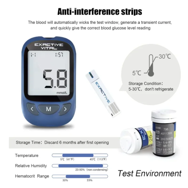 EXACTIVE VITAL Blood Glucose Tester Kits 50 Test Strips 50 Lancets Sugar Test Machine Diabetic Supplies Travel Case