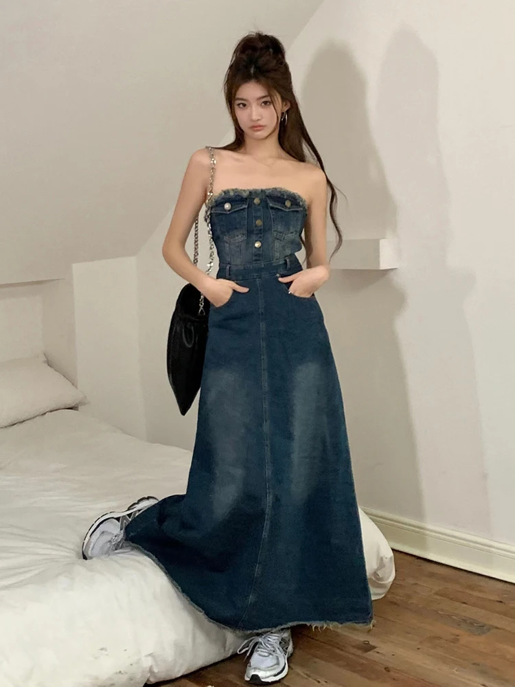 

Женское винтажное джинсовое платье, синее длинное платье с открытыми плечами, без бретелек, с открытой спиной, в стиле ретро, для клуба, для лета