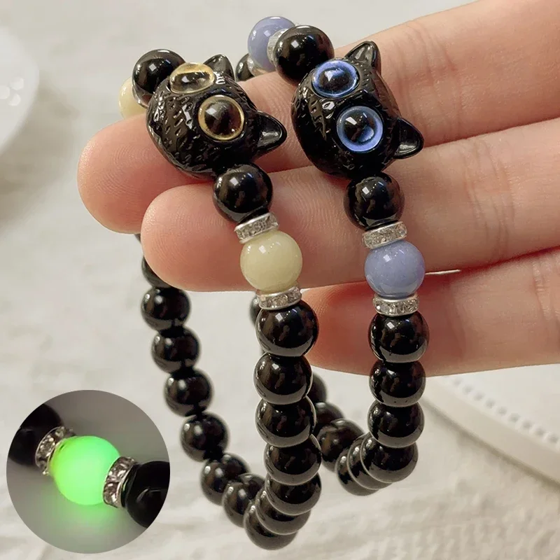 Minimalist Big Eye Cat Bracelet Women Sweet Cool Cartoon Animal Pendant Charm Stone Luminous Bracelets Jewelry Friendship Gifts 2