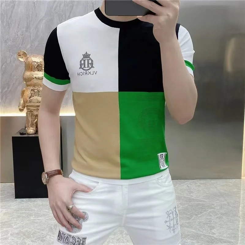 

Tshirt For Men Color Contrast Slim Elastic Versatile Ice Silk Knitting Short Sleeve T-shirt Men Thin Rhinestones Tee Shirt Homme